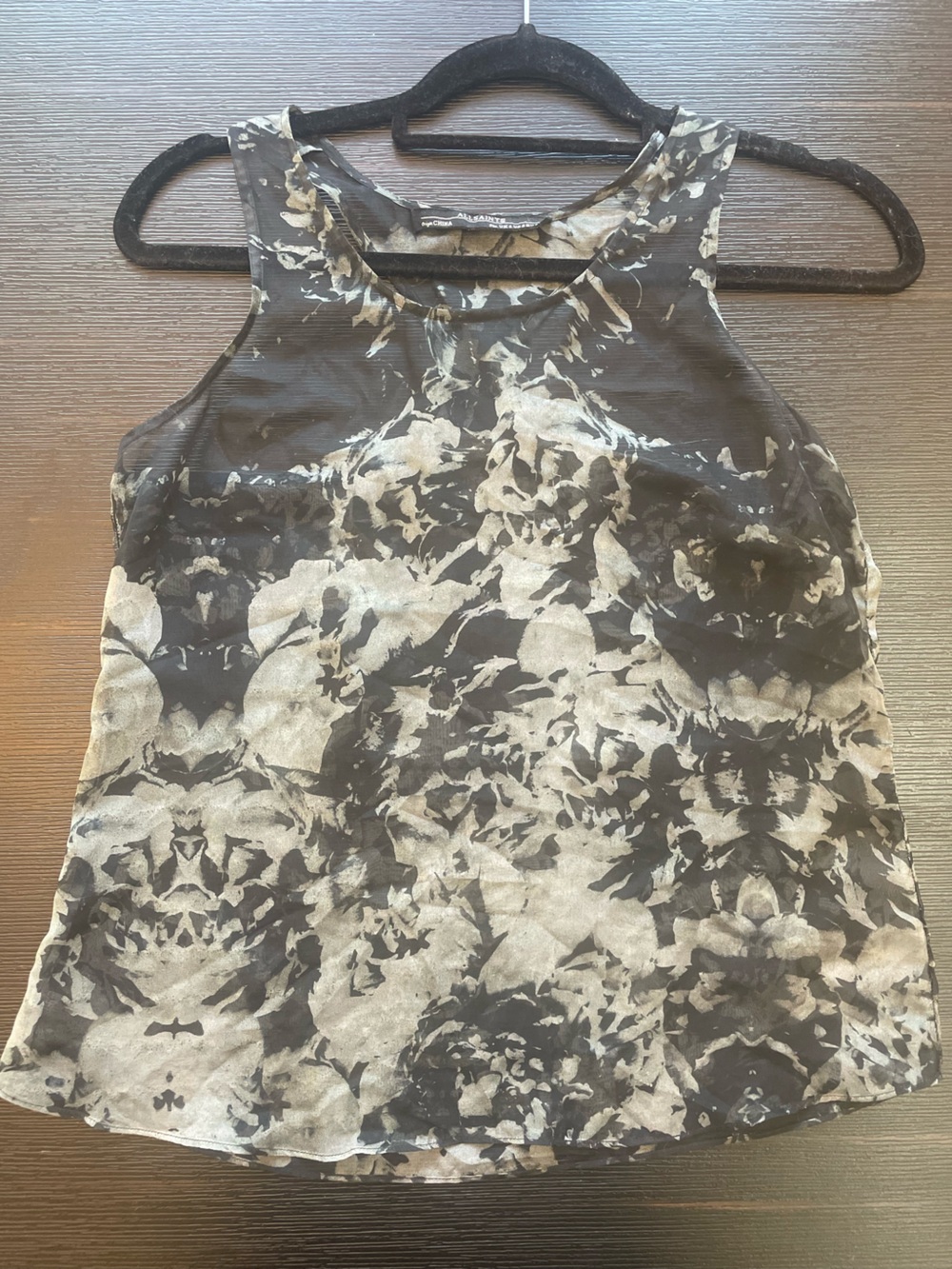 All Saints Black/Gray Abstract Floral Burnout Printed Sheer Racerback Tank Sz Sm